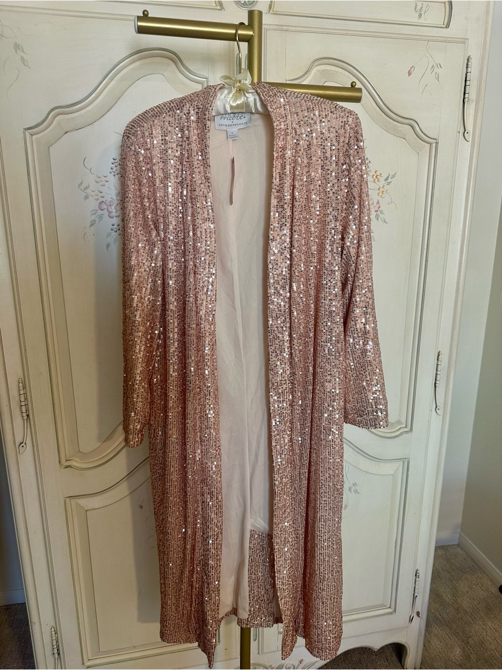 NWT Anthropologie Festive Rose Gold Sequin Open-Front Duster Cardigan